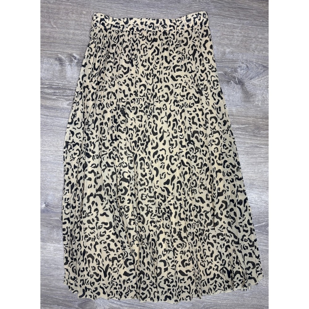 Japna Women's Pleated Cream Black Animal Print Pull On‎ Maxi Skirt Size Small